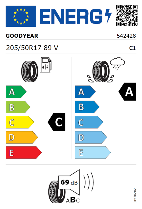 Tyre Label for Goodyear EfficientGrip Performance 2 205/50R17 89V