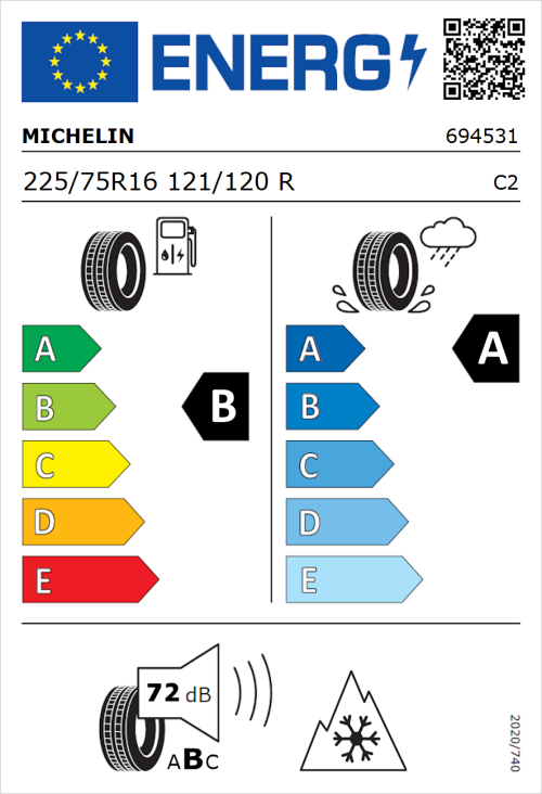 Tyre Label for Michelin Agilis 3 225/75R16 121/120R