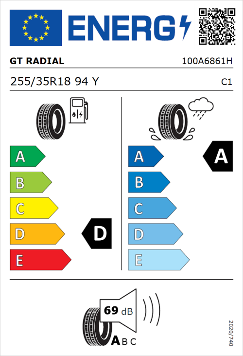 Tyre Label for GT Radial SportActive 2 255/35R18 94Y