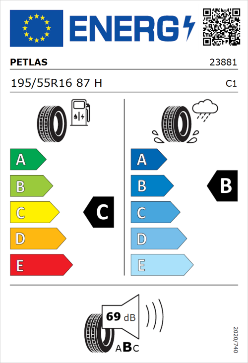 Tyre Label for Petlas Progreen PT525 195/55R16 87H