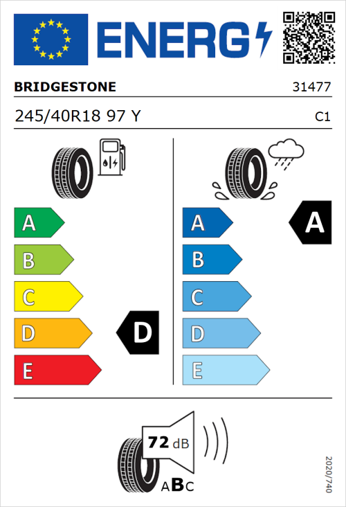 Tyre Label for Bridgestone Potenza Sport 245/40R18 97Y