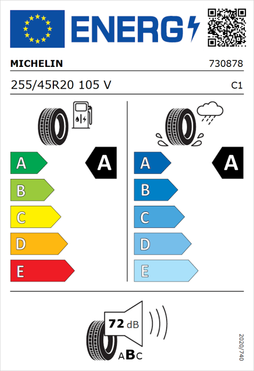Tyre Label for Michelin e.primacy 255/45R20 105V