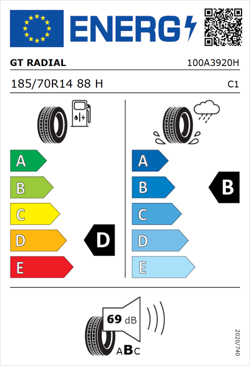 Tyre Label for GT Radial FE1 City 185/70R14 88H